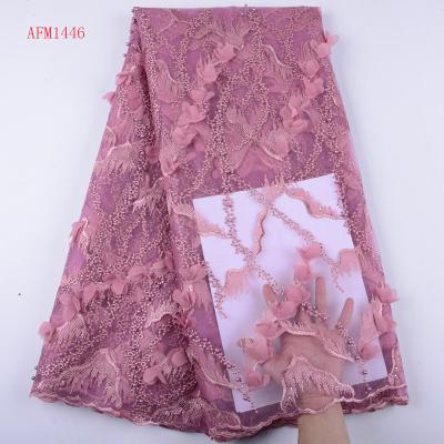 China African Popular Viable Onion Color Tulle Lace With Beads Embroidered Appliques French 3D Flower Net Lace Fabric For Dress 1446 for sale