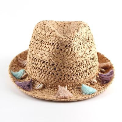 China Custom Logo Wholesale Hand Woven Summer Character Straw Fedora Hat Women Short Brim Raffia Sunny Hats For Ladies for sale