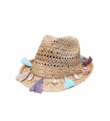 China Custom Logo Wholesale Hand Woven Summer Character Straw Fedora Hat Women Short Brim Raffia Sunny Hats For Ladies for sale