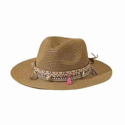 China Character Fashion Macrame Band Ladies Straw Fedora Hat Women Summer Sun Beach Bohemian Hat for sale