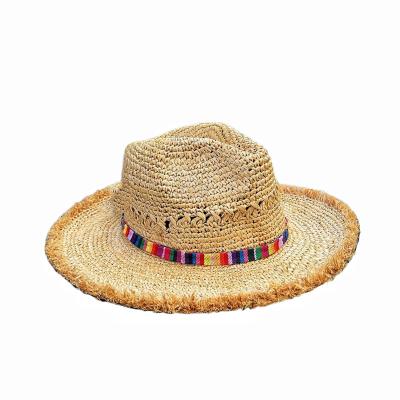 China Fedora Ladies Girls Summer Beach Sun Wide Flat Raffia Straw Edge Color Stripe Character for sale