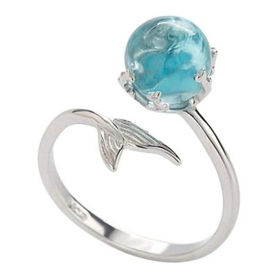 China TRENDY Princess of the Ocean Mermaid Crystal Open Ring Size Adjustable Blue Women Girls Jewelry for sale