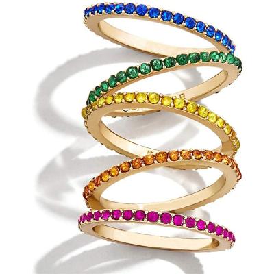 China TRENDY Rainbow Crystal Rings Set of 5 Pcs for Women Female Jewelry 18K Gold Plated Colorful Engagement Wedding Band Jewelry for sale