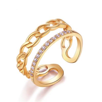 China TRENDY 18K Gold Plated Twisted Layered Opening Rings For Women Size Fit CZ Stone Ring Bride Wedding Band Female Jewelry Gift for sale