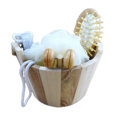 China Body Cleaning Wooden Bath Set with Hair Brush Pumice Stone Bath Pouf Sisal Sponge Massager 6Pcs Spa Bath Beauty Gift Set for sale