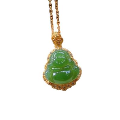 China 925 Silver Inlaid Green Nephrite Jade Laughing Buddha Necklace Pendant with Crystal Stones and Small Size for sale