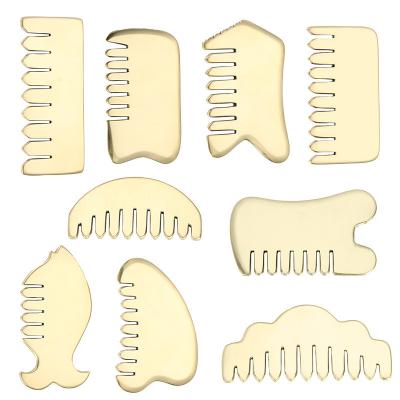 China Muscle Massage Gold Gua Sha Board Tool for Natural Brass Guasha Stone Head Massager Hair Health Care Salon Beauty Tool for sale