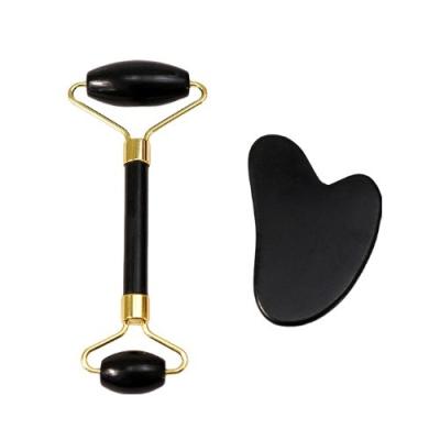 China Body Scraper Customized Logo Availabled Natural Black Bianstone Face Massage Roller Guasha Black Jade Roller Set for Massage for sale