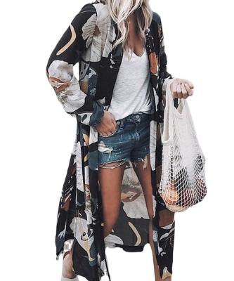 China Floral Print Women Chiffon Breathable Cardigan Kimono Long Sleeve Blouse, Summer Autumn Beach Cover Up Long Tops Loose Boho Ladies Shirts for sale