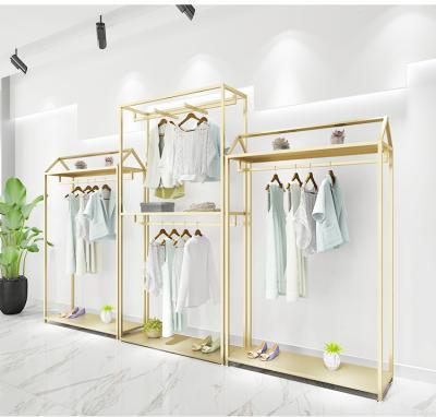 China Clothes Shop 2 Tiers Gold Black Silver Luxury Shelf Rack Heavy Duty Metal Clothing Display Rack Square For Clothes Standing for sale