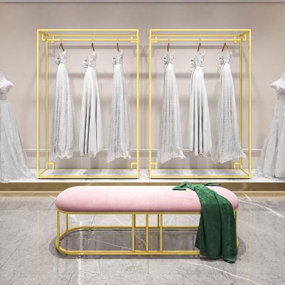 China Clothes Shop Custom Commercial Retail Boutique Bridal Store Decorations Clothes Stand 2 Tier Metal Clothing Suit Hanging Rack for sale