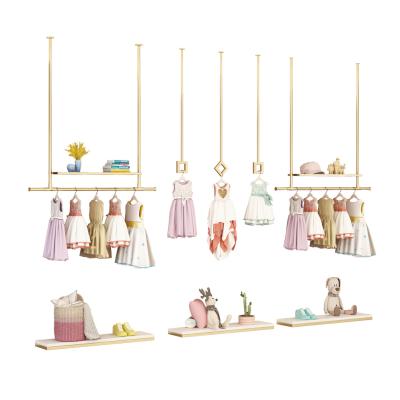 China Shiny Gold Stainless Steel Children's Clothing Store Ceiling Rack Boutique Kids Clothes Rack Baby Garment Cloth Shop Shelves Display for sale