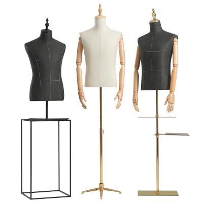 China Bust Upper Body Waist Stand Half Scale Mannequin Male Standing Torso Male Dress Form With Adjustable Wooden Arm for sale