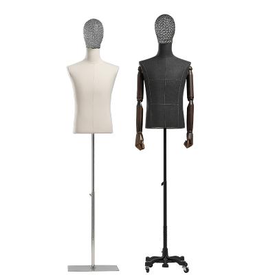 China Adjustable Rotating Stand Arm Wooden Metal Metal Head Low Fiberglass Yarn Metal Torso Mannequin Male Man Body Half Mannequin for sale