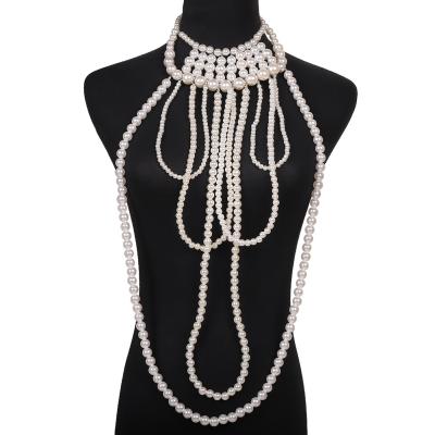 China Fashionable Women Ladies Elegant Charming Faux Pearl Beaded Long Multilayer Sweater Body Chain Jewelry Accessories for sale