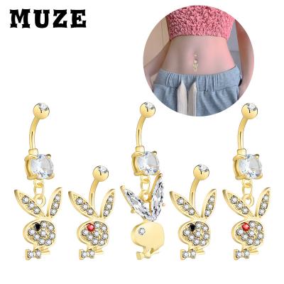 China Cute Bunny Crystal Surgical Zircon Pendant Trendy FASHIONABLE Initial Belly Button Rings Jewelry Stainless Steel for sale