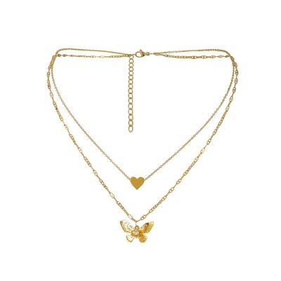 China Women Jewelry Environmentally Friendly Titanium Steel Charm Personalized Choker Heart Butterfly Layered Necklace Gold Plated for sale