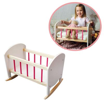 China Eco-friendly Waterborne Paint Wooden Pretend Doll Cradle Hutch Furniture Toy Pretend Play Bed Set Wooden Baby - Doll Hutch For Kids for sale