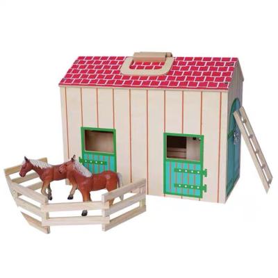 China Educational Role Play Simulation Stable Animal Models Pretend Role Play Toys Wooden Horse Stable Set With Handle for sale