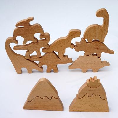 China Children's Toys Montessori Toy Jigsaw Puzzles Dinosaur Building Block Natural Unpainted Animals Stacking Blocks Balancing Games for sale