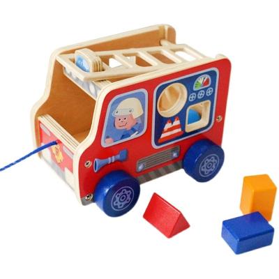 China Wooden Toddler Engineering Pull Toy Fire Engine Car Shape Sorter Toy Fire Truck Car Wooden Model Car For Toddler for sale