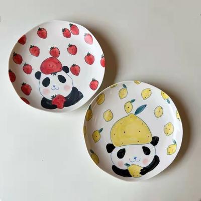 China SOULCHE Viable Ceramic Dishes and Hand Painted Strawberry Panda Matte Glazed Dinner Dishes Plates for Table Fruit for sale