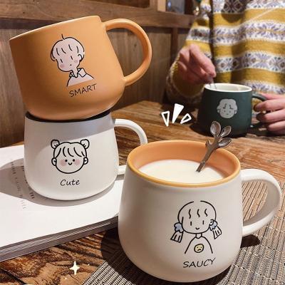 China Sustainable Ceramic Mugs Cartoon Couple Mugs SOULE With Spoon Cup Milk White Cups And Coffee Mug for sale