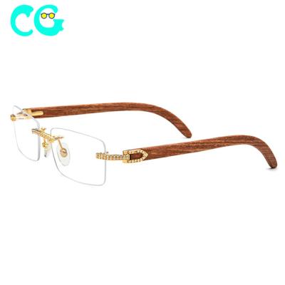 China Fashion Square Sunglasses Frameless Wood Rimless Men's Prescription Glasses Frames Women Diamonds Luxury Optical Eyewear for sale