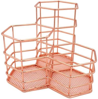 China Morden 3 in 1 Rose Gold Metal Pencil Holders Wire Desk Desk Holder, Desk Storage Container Organizer for sale