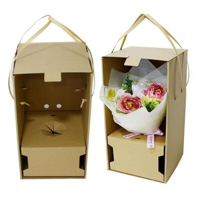 China Customized Custom Brown Corrugated Paper Bouquet Delivery Box With Handles for sale