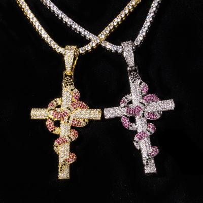 China Religious Gold Plated Diamond Cross Snake Pendant Necklace Hiphop Pendant Retro Product for sale