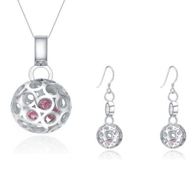 China CLASSIC Wholesale S925 Pure Sterling Silver Rhodium Plated Women Hollow Ball Pink Crystal Wedding Jewelry Set for sale