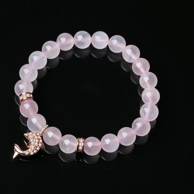 China Lead Free Fashion Beaded Bracelet Ladies Rose Gold Plated Alloy Dolphin Diamond Round Cute Rose Quartz Crystal Beaded Bracelet for sale