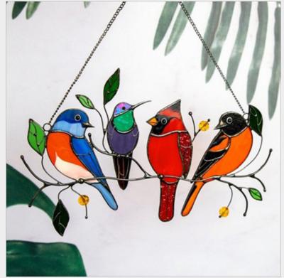 China Child Safe Multicolor Birds on Suncatcher Wire Stained Glass Top Window Panel Home Accessories Decor for sale