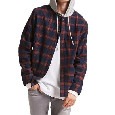 China Fashion Designer Custom Hooded Button Shirt OEM Factory Apparel Anti-Pilling Outspoken Men Long Sleeve Plaid Flannel Shirts for sale