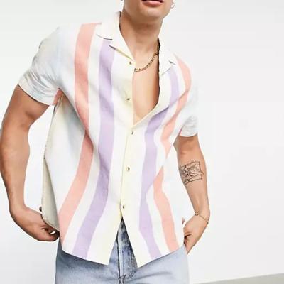 China Custom Logo Shirt Multi Color Low Moq Anti Pilling Striped Men Pre Button Short Sleeve Summer Shirts for sale