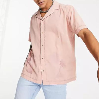 China Dongguan Factory Summer Custom Short Sleeve Shirts Anti-Pilling Tonal Palm Embroidered Men's Canvas Fishing Shirt for sale