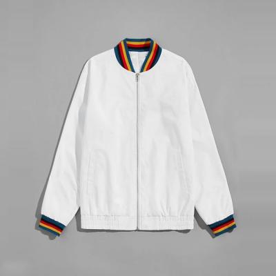 China Custom Wholesale Reversible Striped Trim Rainbow Logo Bomber Jacket Polyester Men's Attachment Bomber Jacket for sale