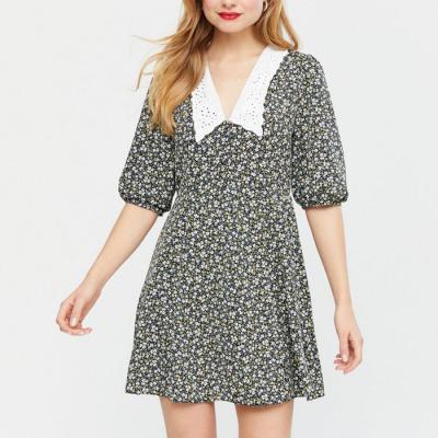 China 2021 summer new arrival summer anti-static ditsy floral dress embroidery mini sleeve dress women short collar mini for sale