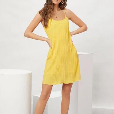 China Lettuce Trim Pleated Plain Yellow Woman Anti-Static Slip Dresses Mini Fashion Summer Mini Dresses for sale