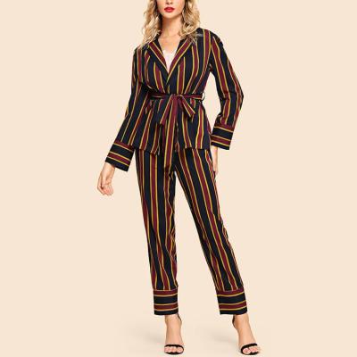 China Women Anti-Static Waist Belted Notched Striped Neck Coat And Pants Coordinating for sale