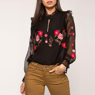 China High Quality Fashion Women Ladies Industries Anti-pilling Long Sleeve Blouses Embroidered Tops for sale