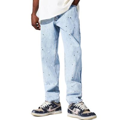 China Breathable Wholesale Custom Paint Splatter Light Blue Regular Fit Jeans For Men for sale