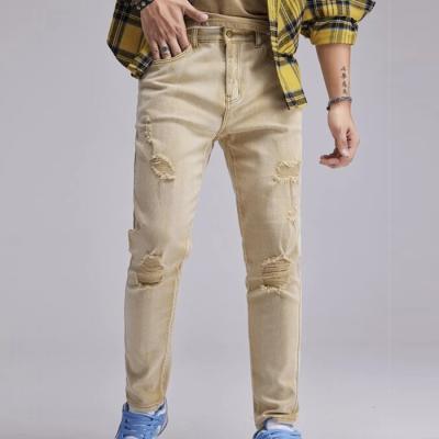 China New Fashion Men Breathable Jeans Pants Solid Color Ripped Washed Skinny Mens Jeans for sale