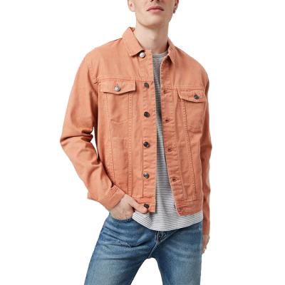 China CUSTOM SQUARE COLLAR viable BUTTONS FRONT SIDE POCKETS PLAIN ORANGE DENIM CASUAL JACKET FOR MEN for sale