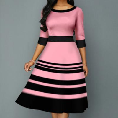 China Anti-Static O-Neck Casual Short Sleeve Long Dress Red Women Stripe Print Pink Around Neck Dress for sale