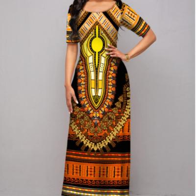 China Anti-Static Maxi Dresses Round Neck Tribal Print Flower Print Short Sleeve Dress for sale