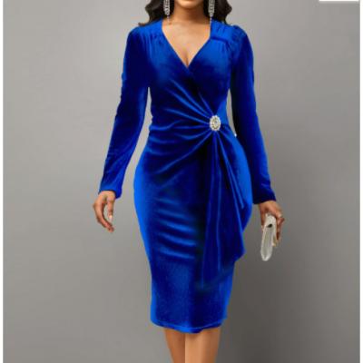 China Vintage Anti-Static Long Women Dress Royal Blue Ruffle Velvet Long Sleeve Dress for sale