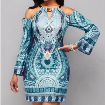 China Luxury Anti-Static Dress Women Designer Tribal Print Long Sleeve Bib Neck Bodycon Dress for sale