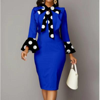 China 2022 Anti-Static Cheap Casual Women Dress Ladies OEM Polka Dot Tie Long Sleeve Dress for sale